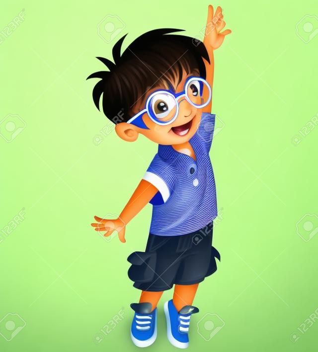 Netter lächelnder kleiner Junge mit Brille, der versucht, etwas zu erreichen, während er nach oben schaut