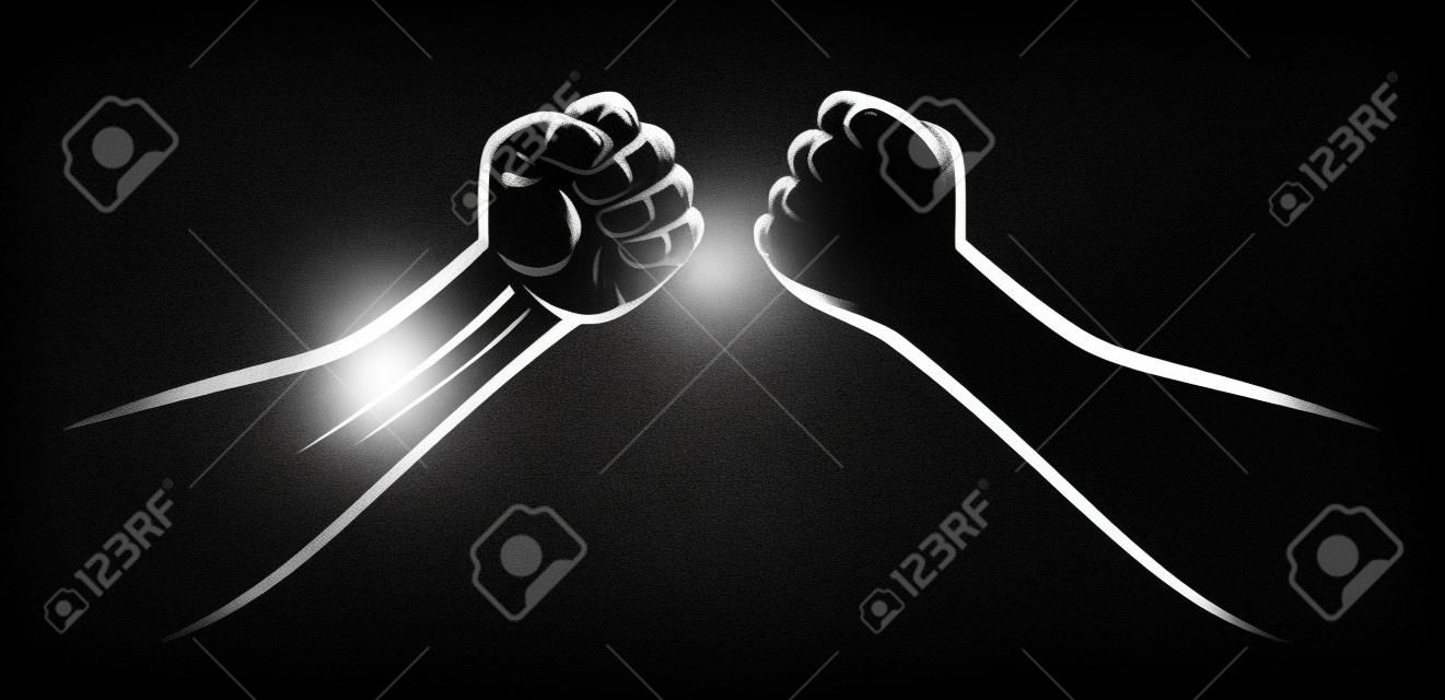 Clenched mma fight bump fists teamplate. Male power martial arts arms isolated on black dark background. Karate, boxing, wrestling fighter square off