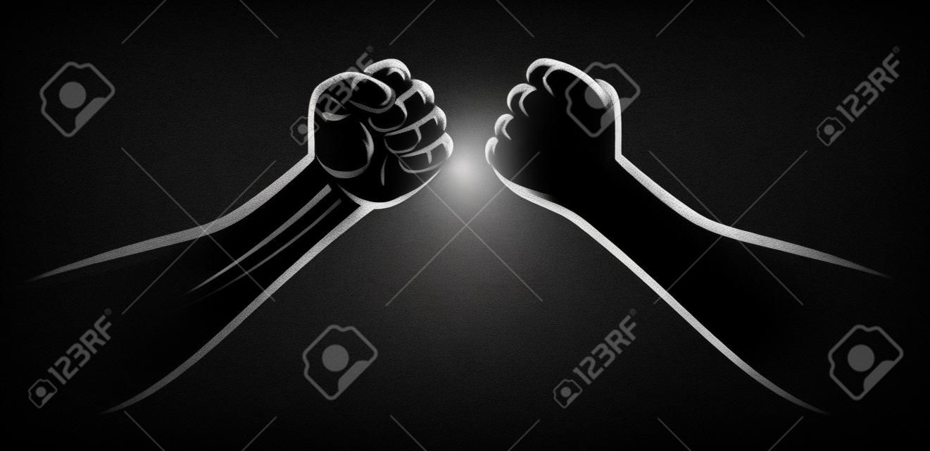 クレンチドmmaファイトバンプ拳チームプレート。黒い暗い背景に隔離された男性のパワー武道の腕。空手、ボクシング、レスリングファイタースクエアオフ