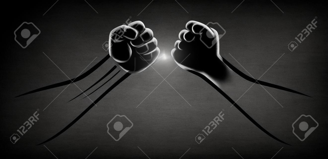 Geballte MMA Kampf Stoßfäuste Teamplate. Männliche Machtkampfkunstarme lokalisiert auf schwarzem dunklem Hintergrund. Karate, Boxen, Wrestling-Kämpfer auf dem Platz
