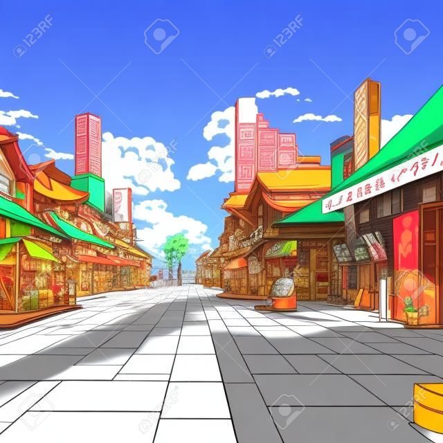Illustrazioni di disegno 2d di negozi nella città in stile anime