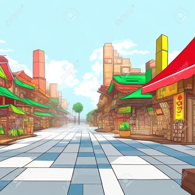 Ilustracje 2d sklepów w mieście w stylu anime