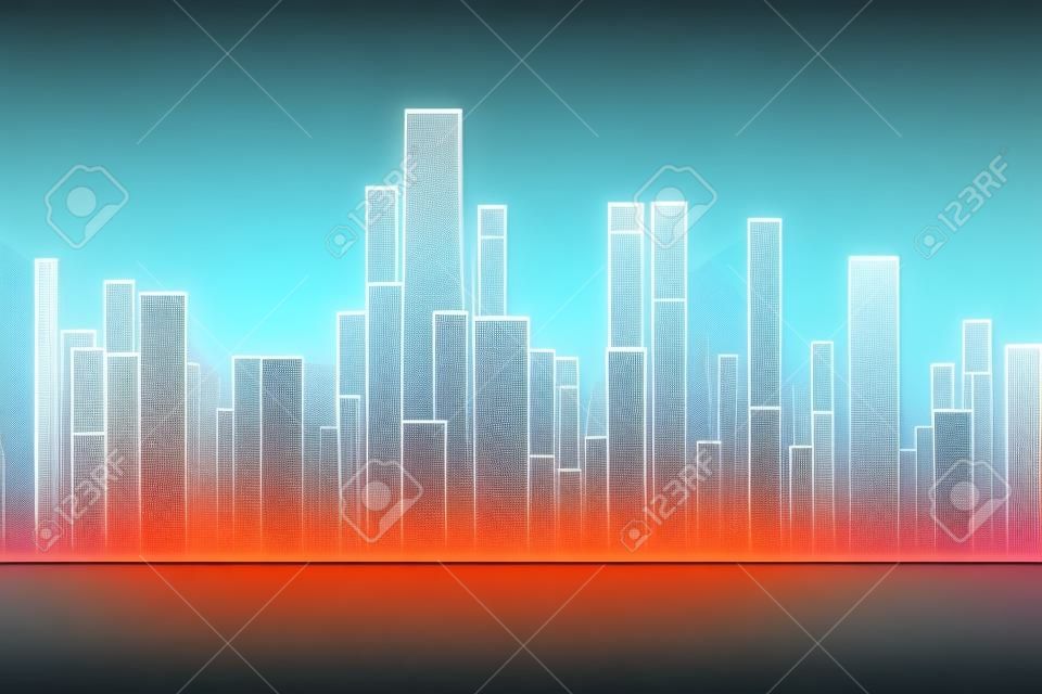 Abstract 3d city rendering with lines and digital elements.