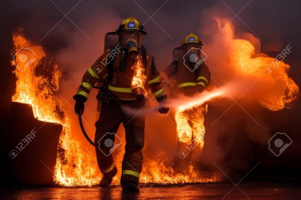 Firefighters using Twirl water fog type fire extinguisher to fighting with the fire flame from oil to control fire not to spreading out. Firefighter and industrial safety concept. Generative AI