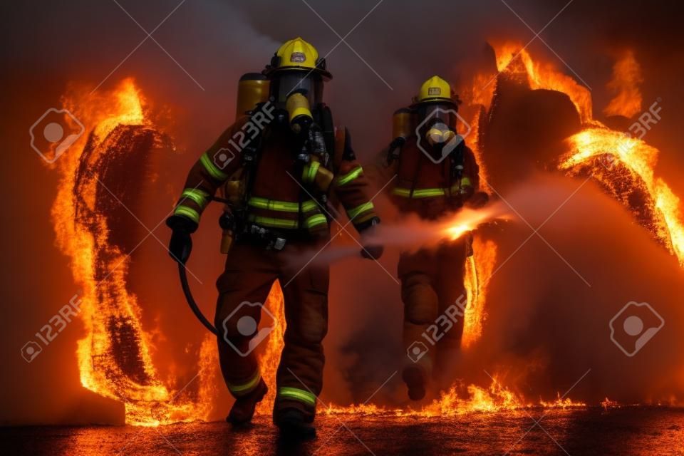 Firefighters using Twirl water fog type fire extinguisher to fighting with the fire flame from oil to control fire not to spreading out. Firefighter and industrial safety concept. Generative AI