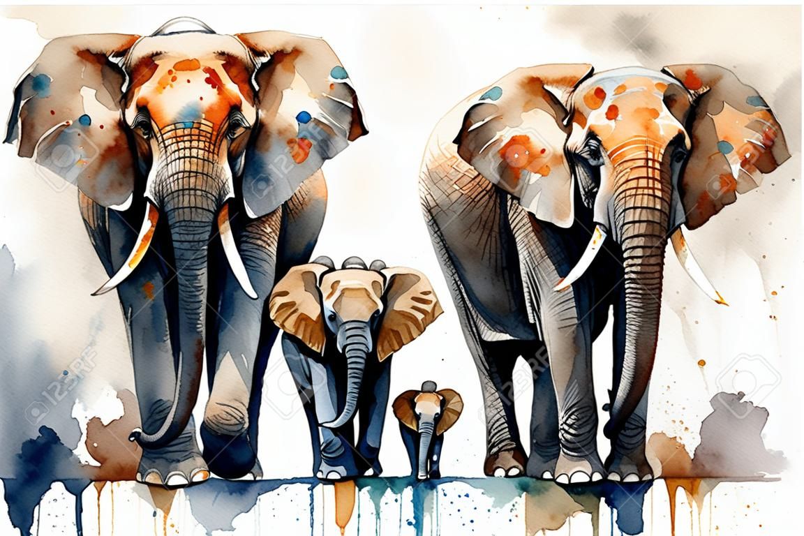 La familia de los elefantes. pintura con acuarela