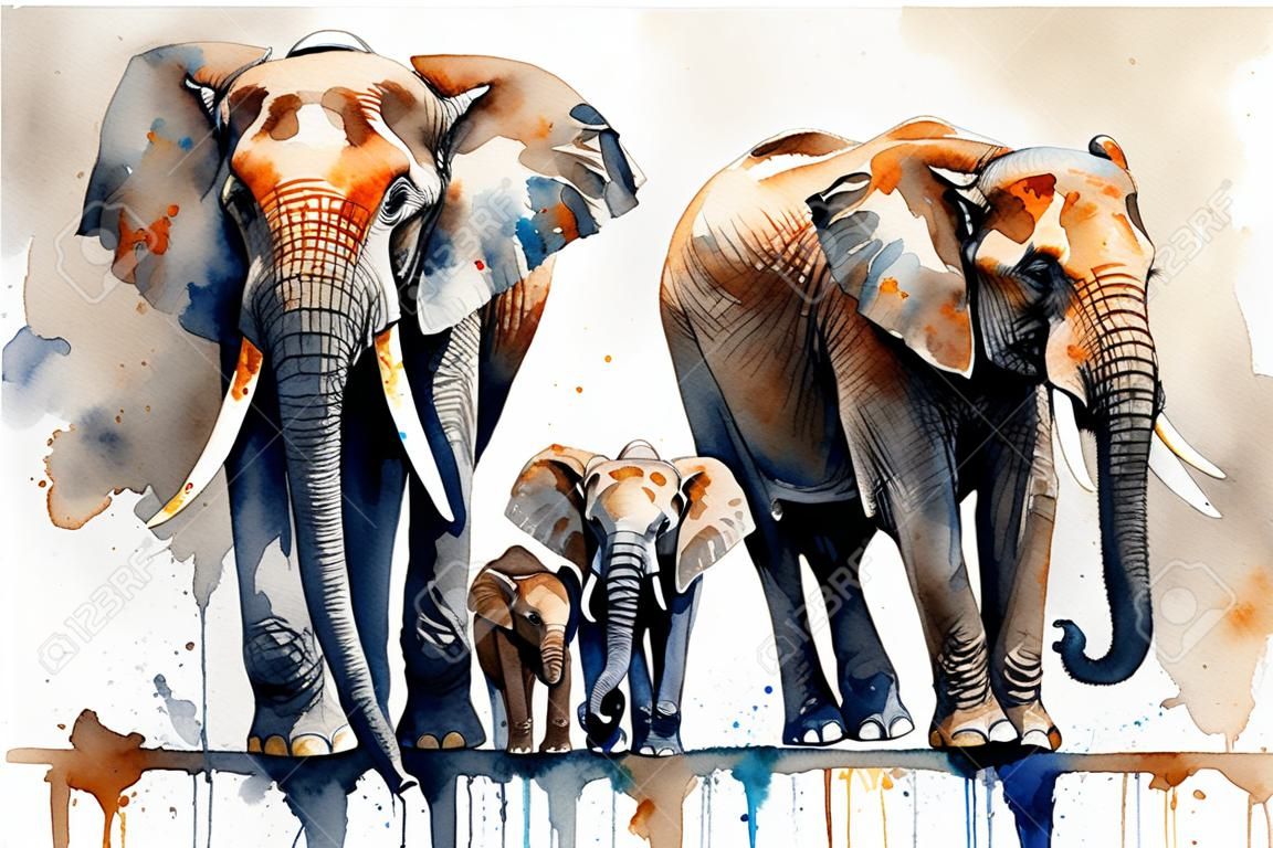 La familia de los elefantes. pintura con acuarela