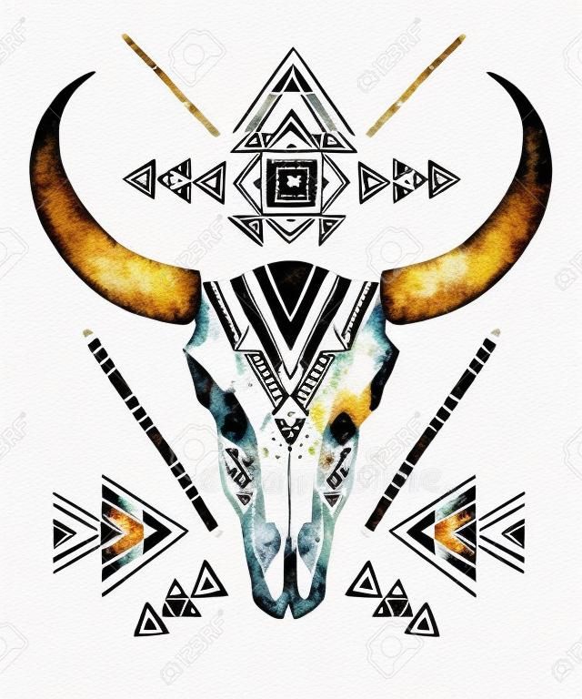 部族スタイルで牛の頭蓋骨。民族の飾りと動物の頭蓋骨。白い背景に分離されたバッファローの頭蓋骨。野生および自由設計。水彩の手描きのイラスト。