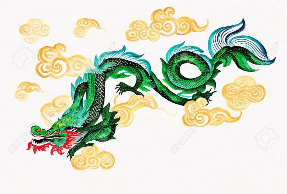 Dragon Chino. Símbolo tradicional del dragón Acuarela pintada a mano ilustración.