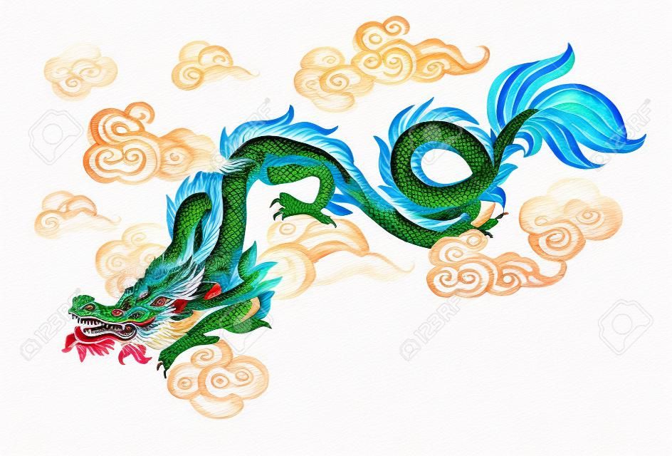 中国龙。龙的传统象征。水彩手绘插图。