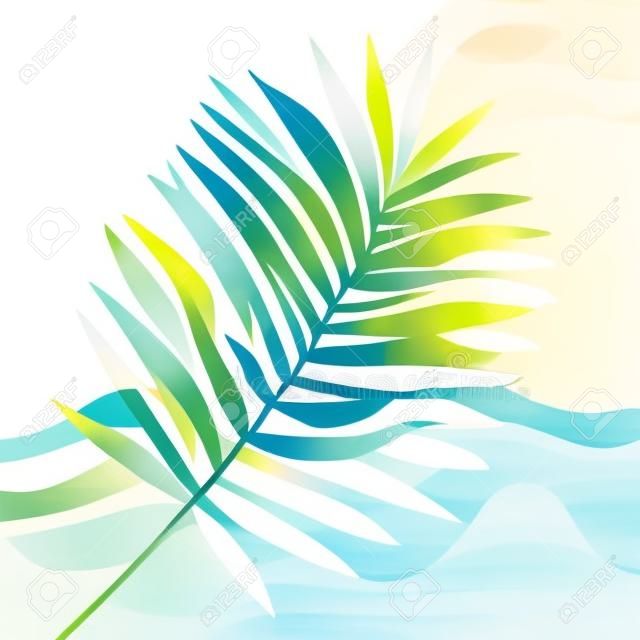 Foglia di palma astratta su sfondo di forme ondulate minimali dell'acquerello. Elegante illustrazione vettoriale foglia tropicale per stampa minimalista, copertina, arredamento boho, carta da parati organica, design della federa. Arte alla moda