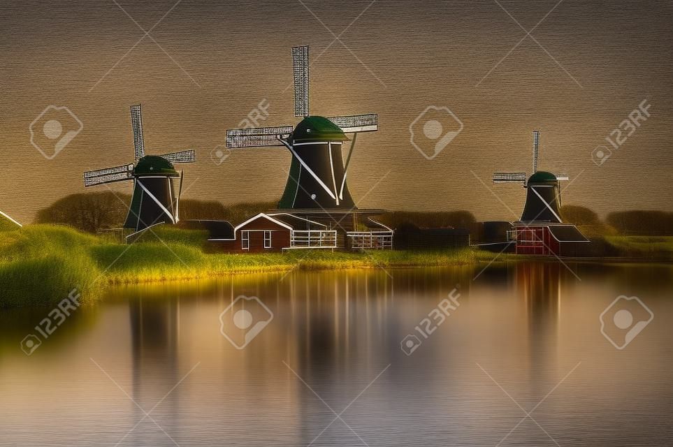 Paysage avec un couple de moulins à vent hollandais, Zaanse Schans - Pays-Bas
