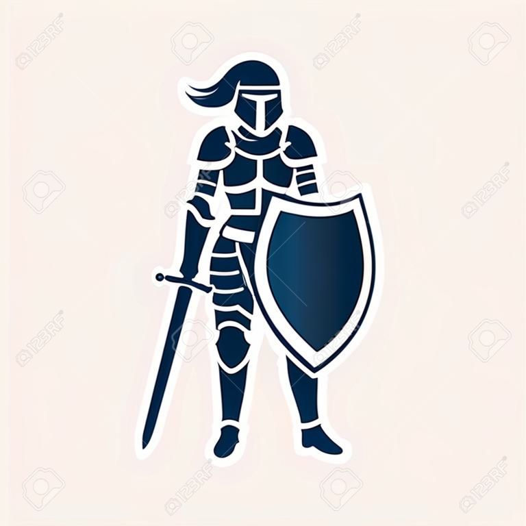 Modern vector emblem of female knight on light background.