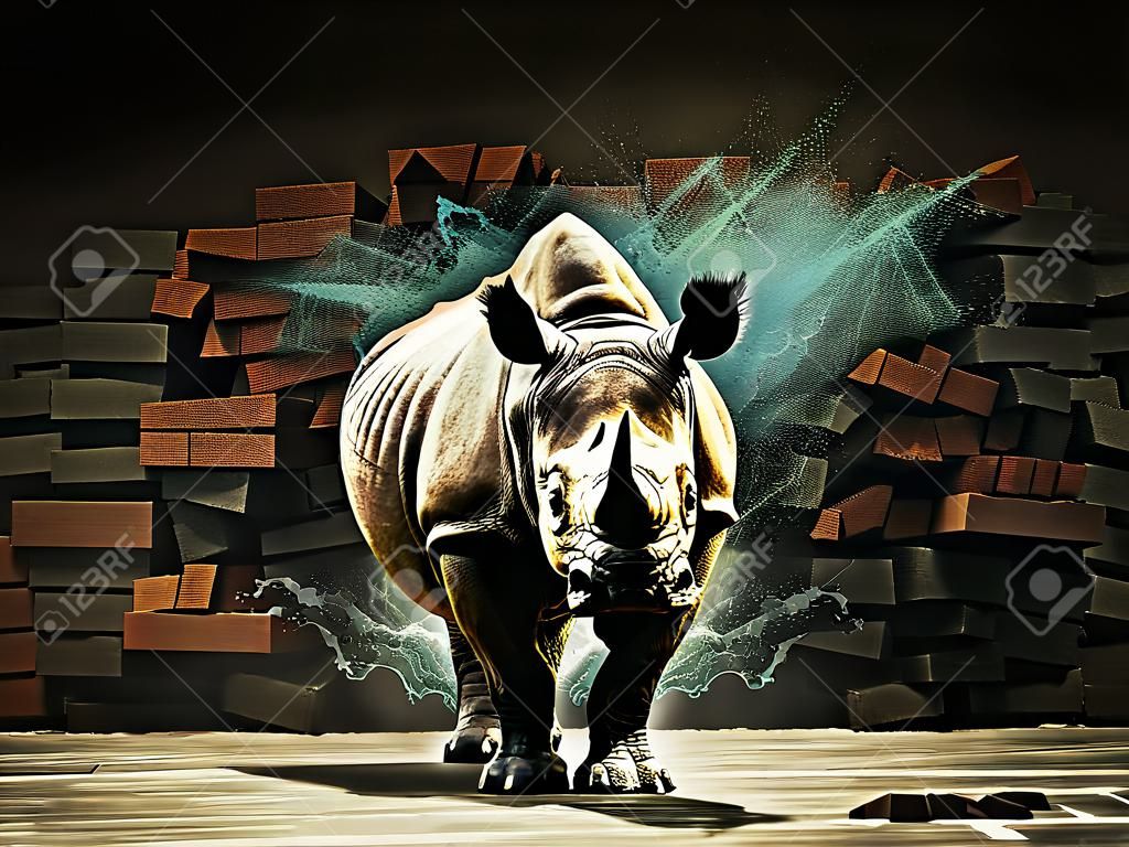Nashorn zerstören 3D-Rendering Bild Mauer