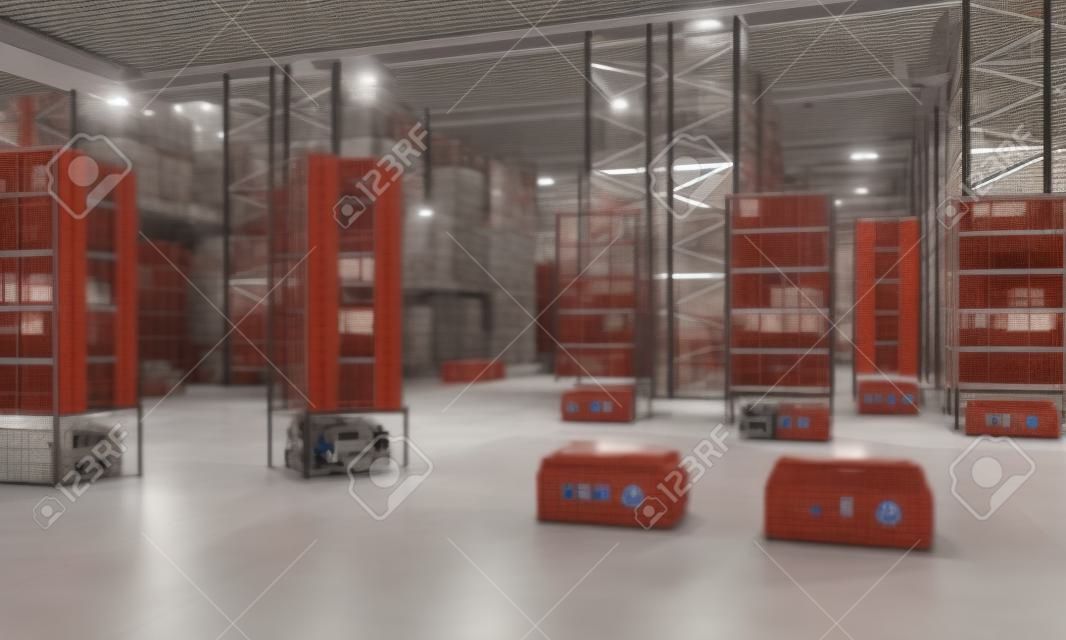 interior de una fábrica con drones utilizados para el transporte de mercancías para facilitar y agilizar la logística de la empresa. Imagen de render 3d, concepto de modernidad y tecnología.