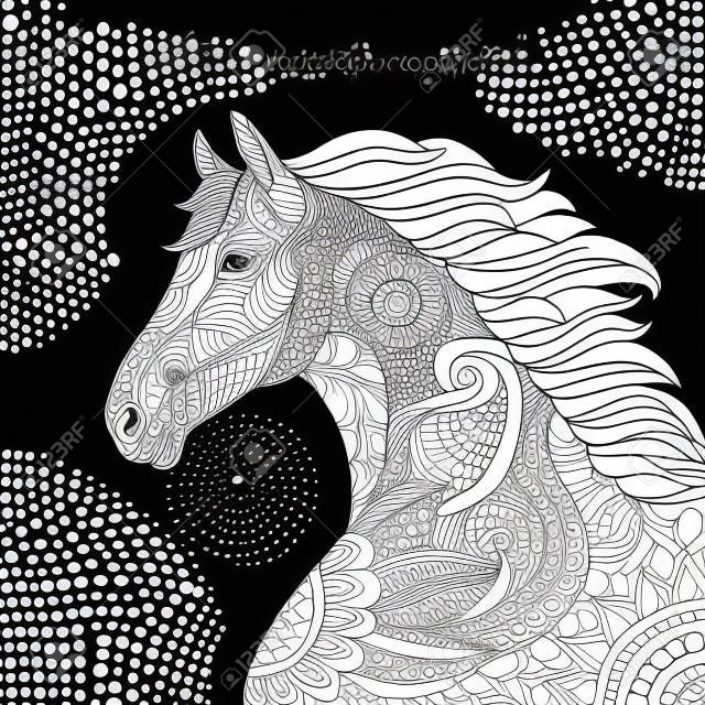 Page de coloriage de cheval tête dessinée à la main pour les adultes vector illustration. Colorant anti-stress pour adulte. style zentangle. Lignes noires et blanches Motif de dentelle.