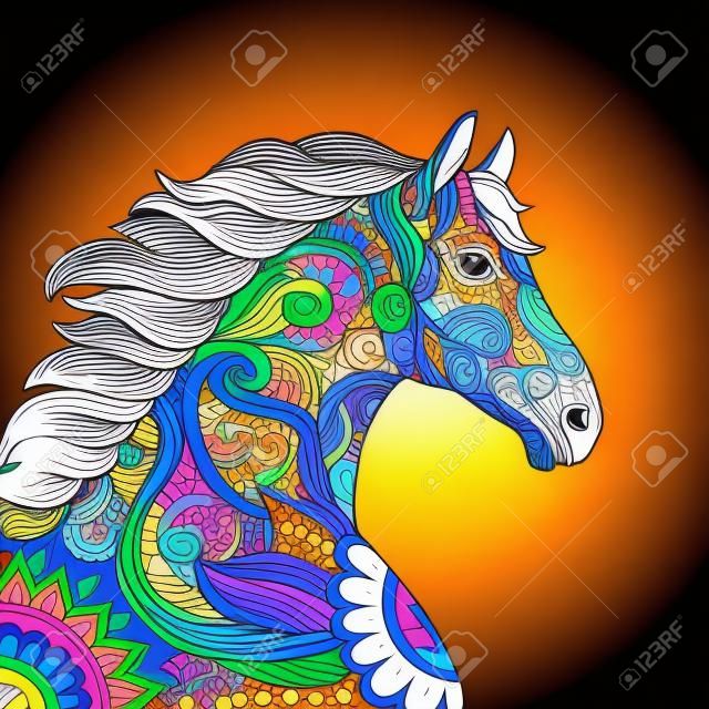 Illustrazione multicolore di vettore del cavallo capo disegnato a mano stilizzato. Motivo a pizzo