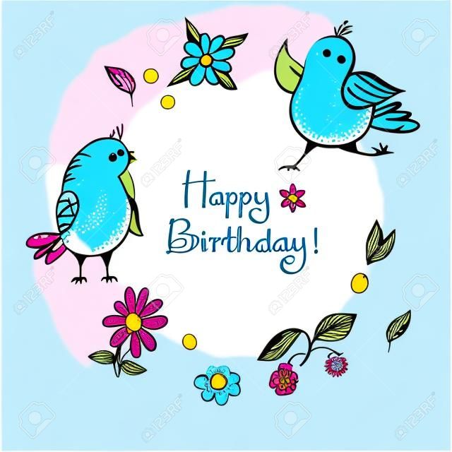 Kartkę z życzeniami "Happy Birthday" z ptaków i kwiatów. ilustracji wektorowych