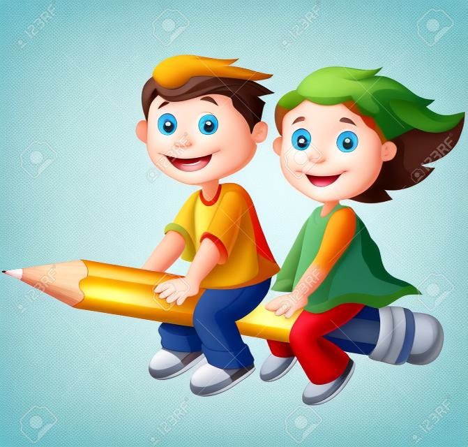 Cartoon jongen en meisje vliegen op een potlood