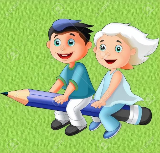 Cartoon jongen en meisje vliegen op een potlood