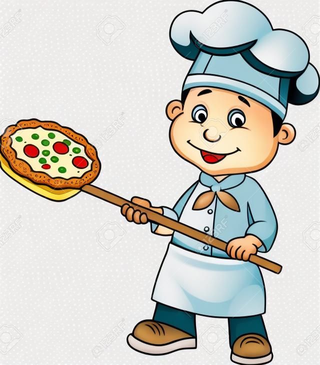 Illustrazione di cartone animato di un panettiere con Pizza