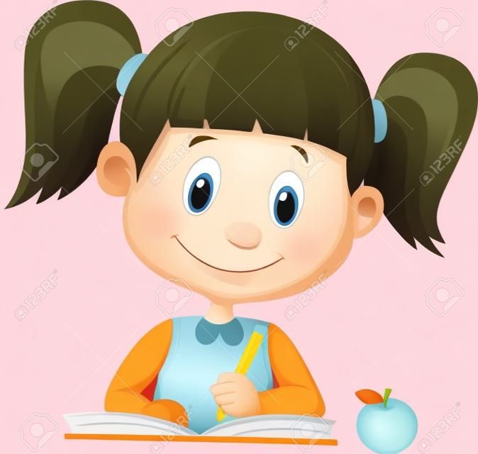 Cute Cartoon Mädchen schriftlich auf einem Buch