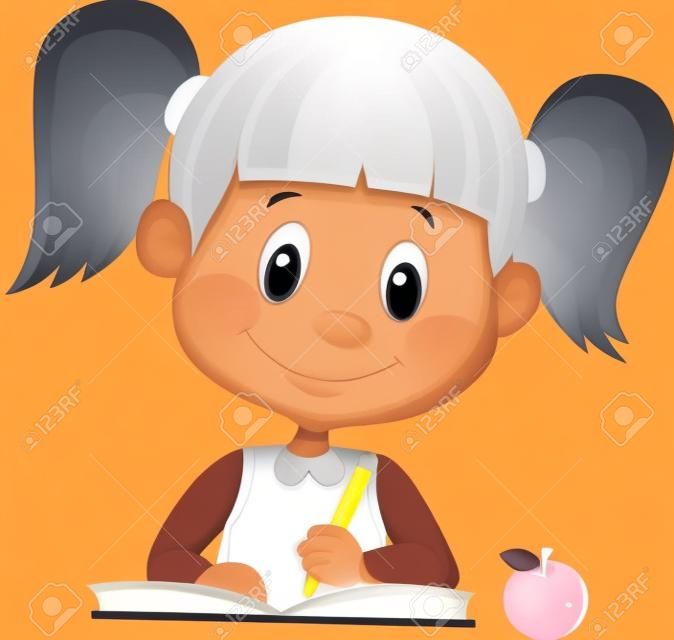 Cute Cartoon Mädchen schriftlich auf einem Buch