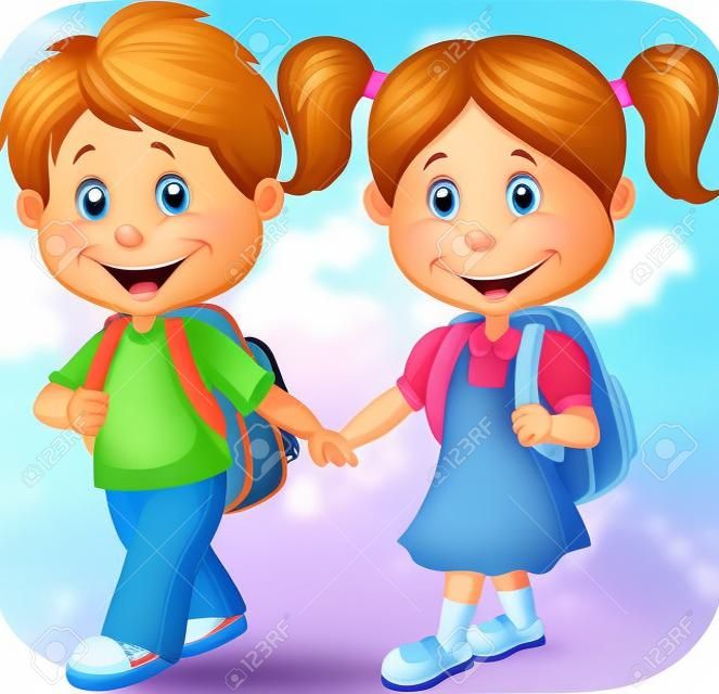 Счастливый мультфильм дети приходят с рюкзаками
