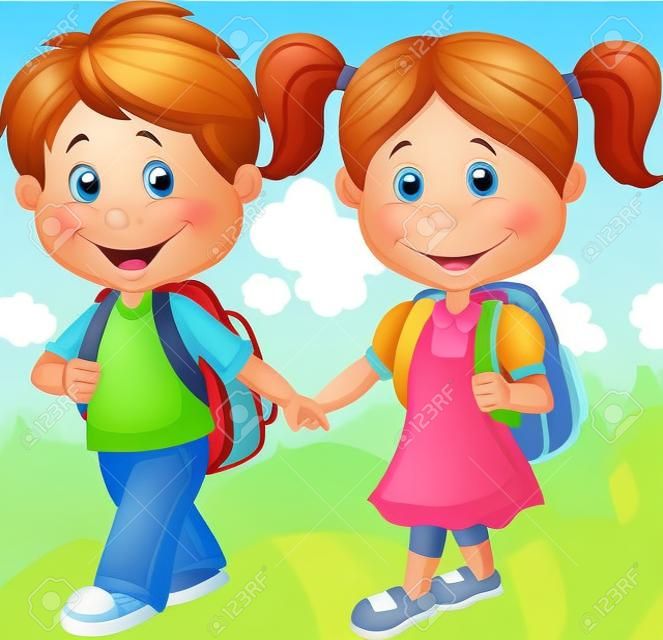 Niños felices de dibujos animados vienen con mochilas