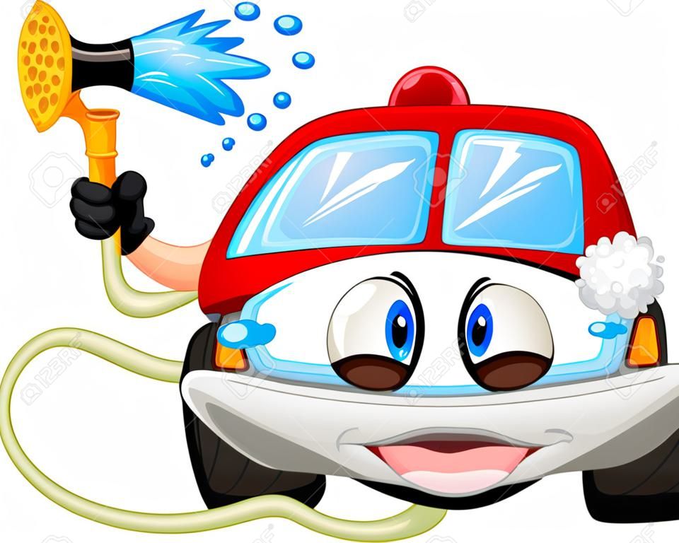 Lavagem de carro dos desenhos animados com tubo de água e esponja