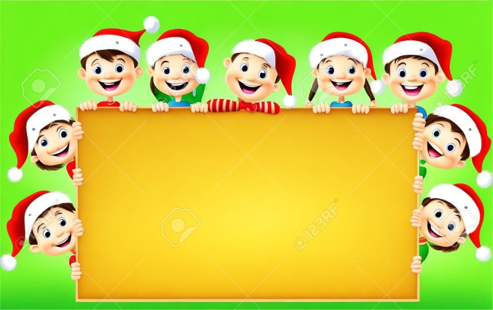 Kids cartoon with a blank sign and christmas hats 