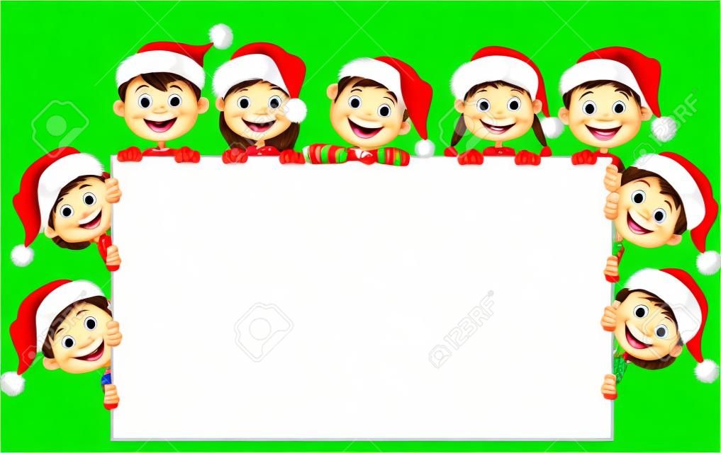 Kids cartoon with a blank sign and christmas hats 