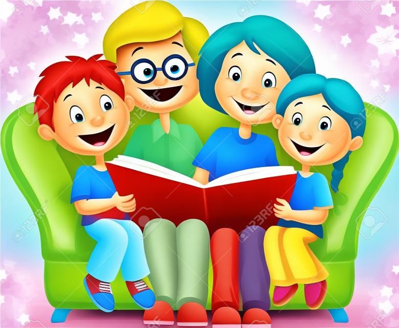 Libro de lectura de dibujos animados feliz de la familia