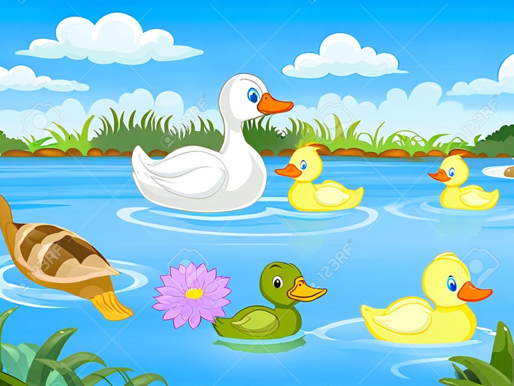 Pato familia dibujos animados nadando