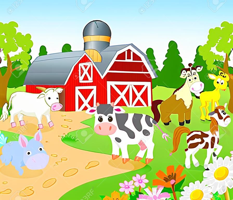 Cartoon Farm background with animals 