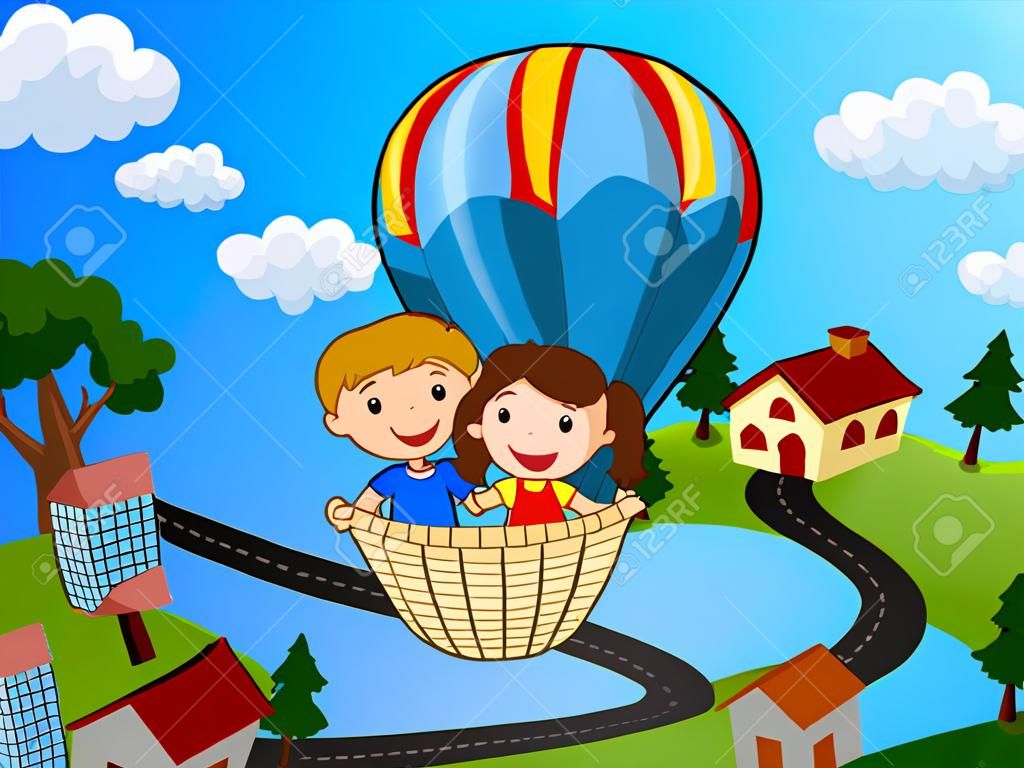 Gelukkige kinderen met een hete luchtballon