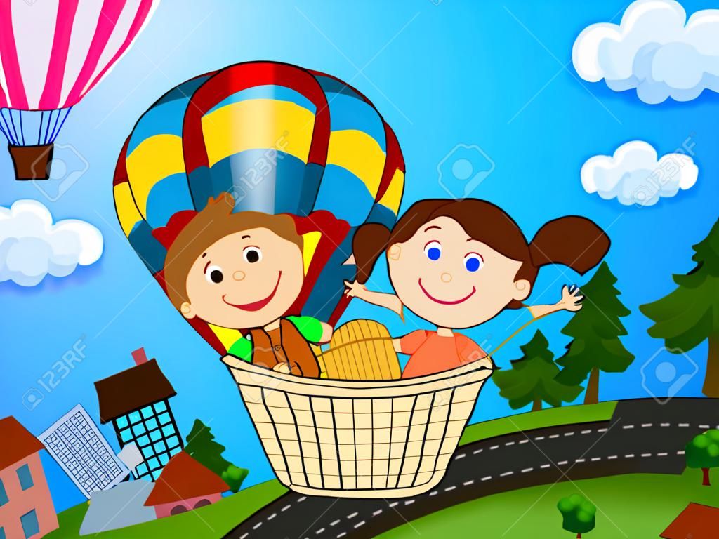 Happy kids riding a hot air balloon