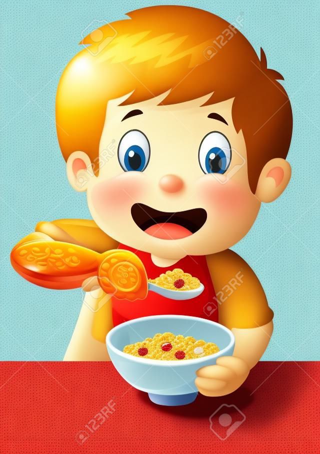 Мальчик, имеющих зерновых для завтрака
