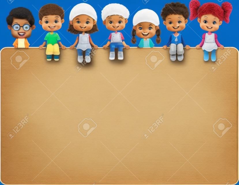 Happy smiling group of kids showing blank placard board