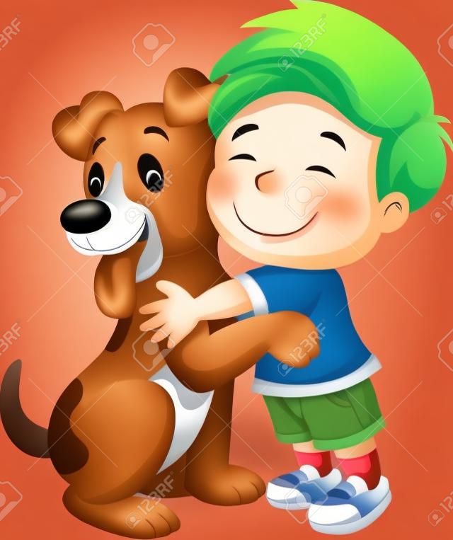 Szczęśliwy kreskówka młody chłopak czule obejmują jego pies
