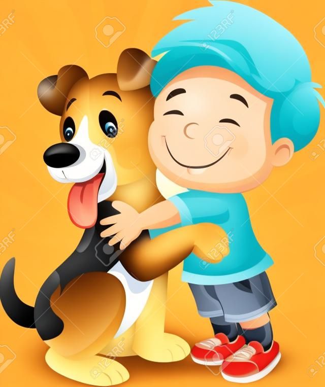Menino feliz dos desenhos animados abraçando amorosamente seu cão de estimação