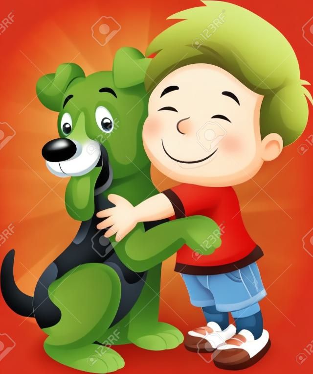 Bonne bande dessinée jeune garçon serrant amoureusement son chien