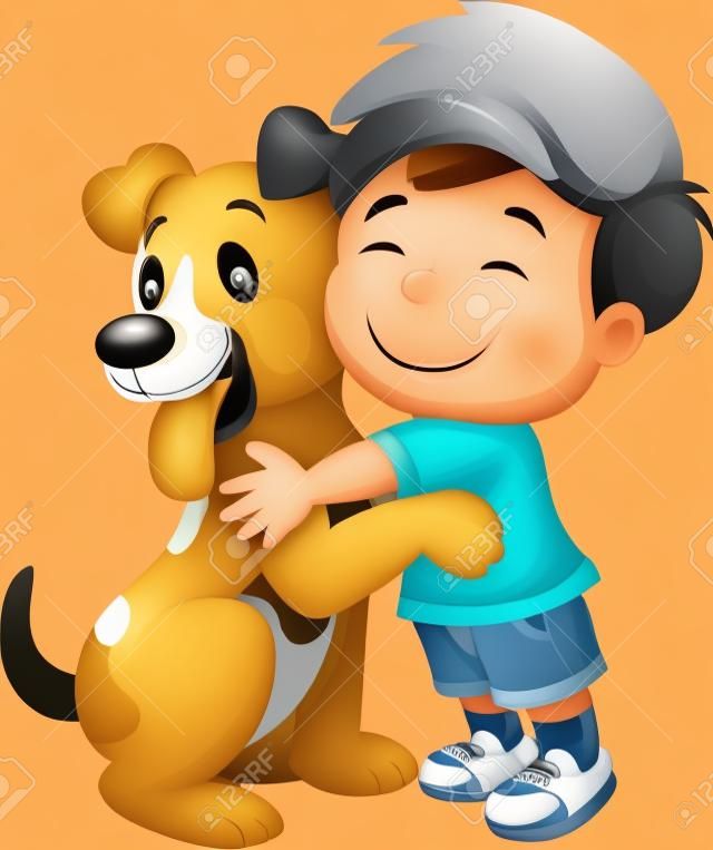사랑스럽게 그의 애완 동물 강아지를 포옹 행복 만화 어린 소년
