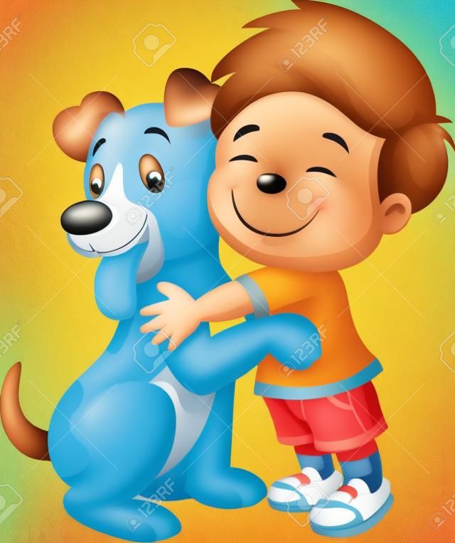 Menino feliz dos desenhos animados abraçando amorosamente seu cão de estimação
