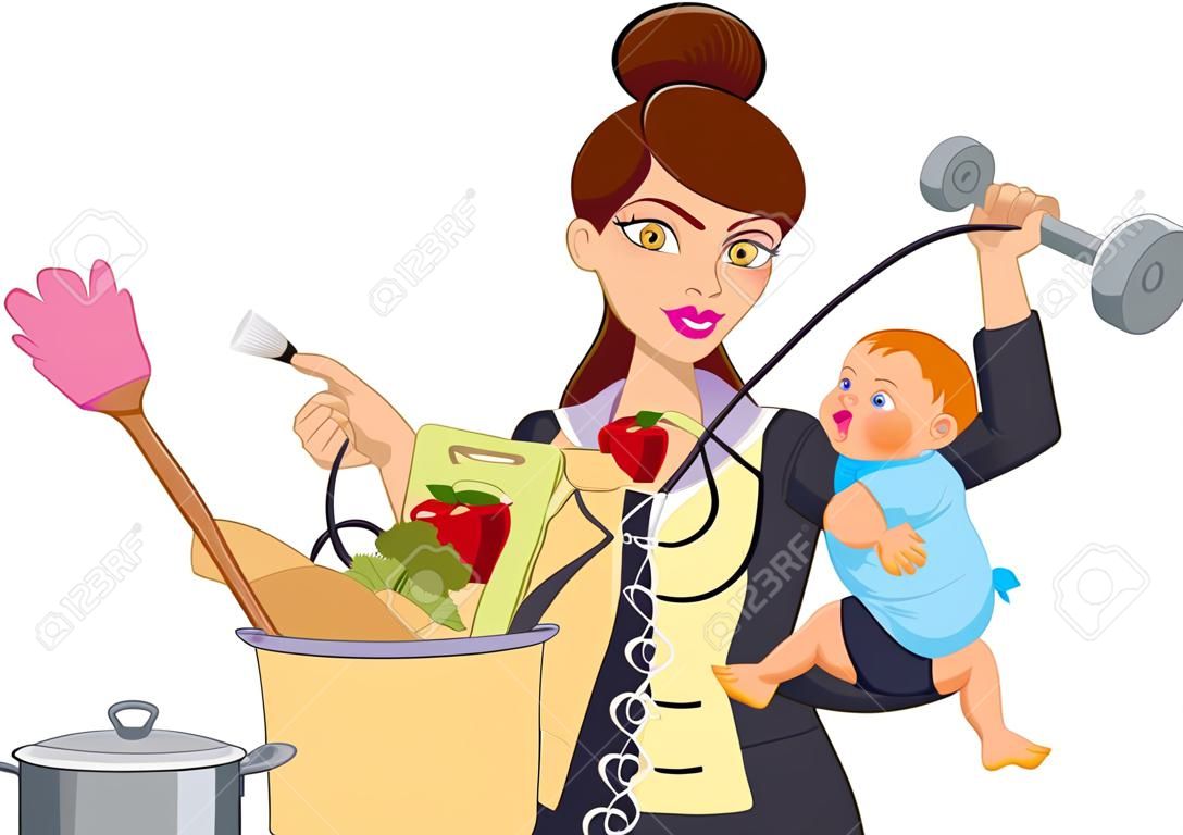 Cartoon multitasking housewife