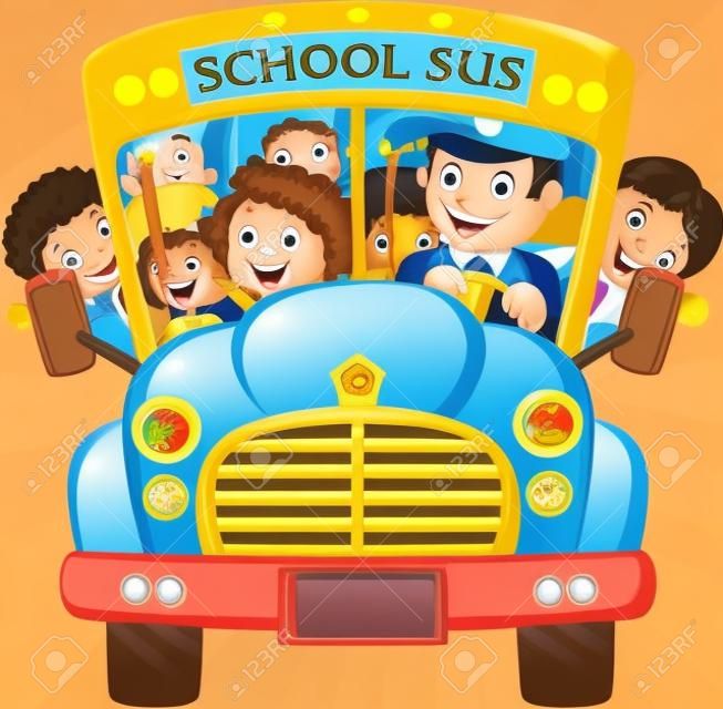Desenho de crianças de escola montando um ônibus escolar