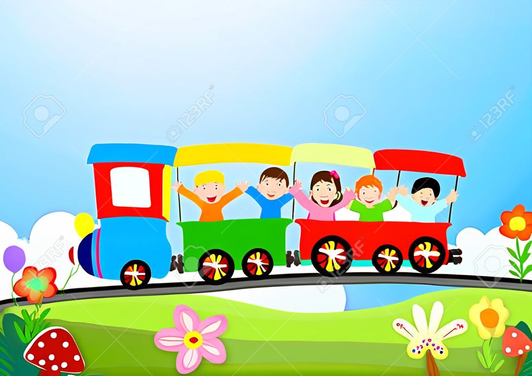 Crianças felizes de desenhos animados em um trem colorido