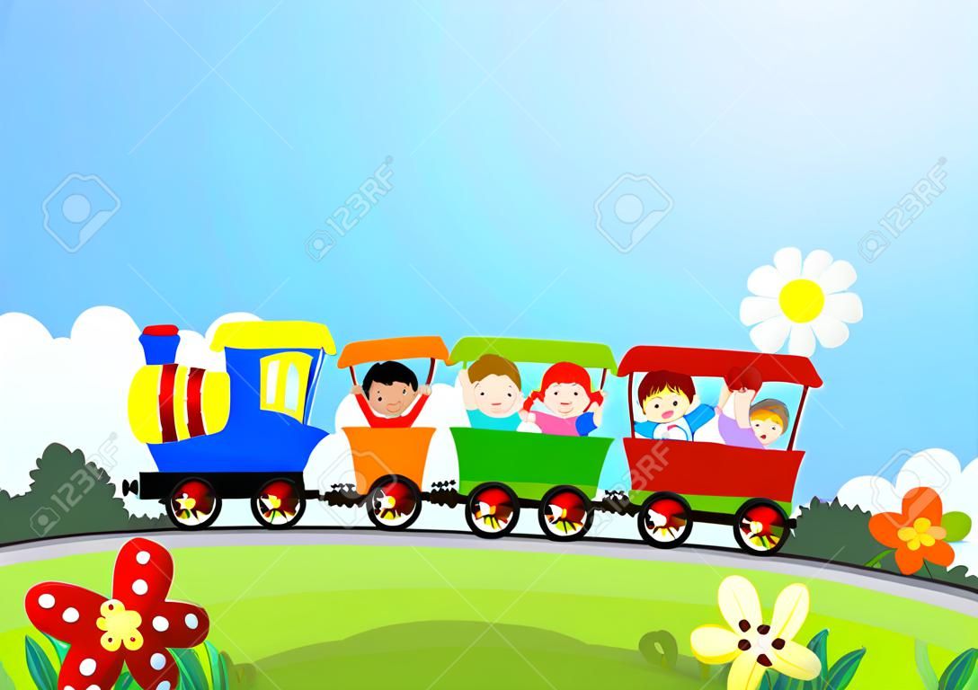 Crianças felizes de desenhos animados em um trem colorido