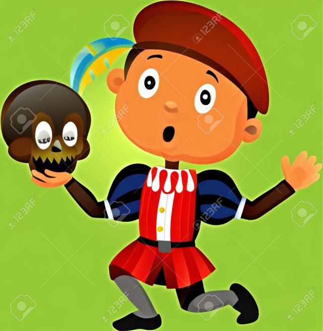 Ilustração vetorial de menino jogando Hamlet em uma peça de escola, segurando um crânio