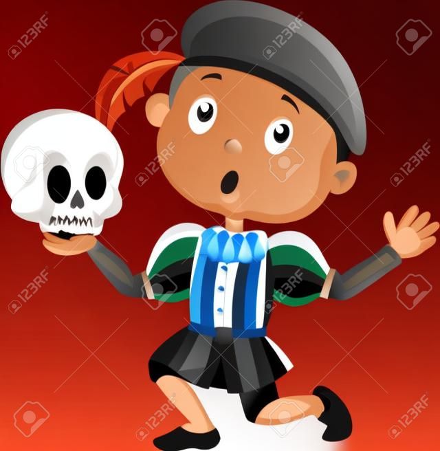 Ilustração vetorial de menino jogando Hamlet em uma peça de escola, segurando um crânio